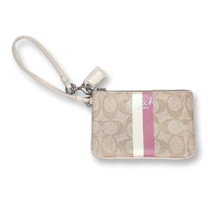 Coach Top Zip Wristlet Bag Signature Canvas Leather Stripe Mini Purse Designer